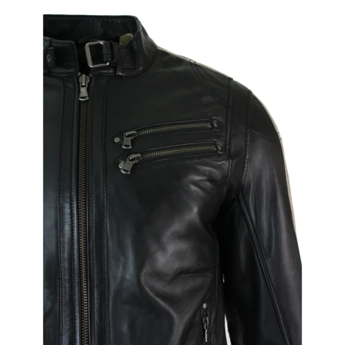 Mens Slim Fit Short Real Leather Biker Racing Jacket Stripes Sleeves Zipped - Image 5