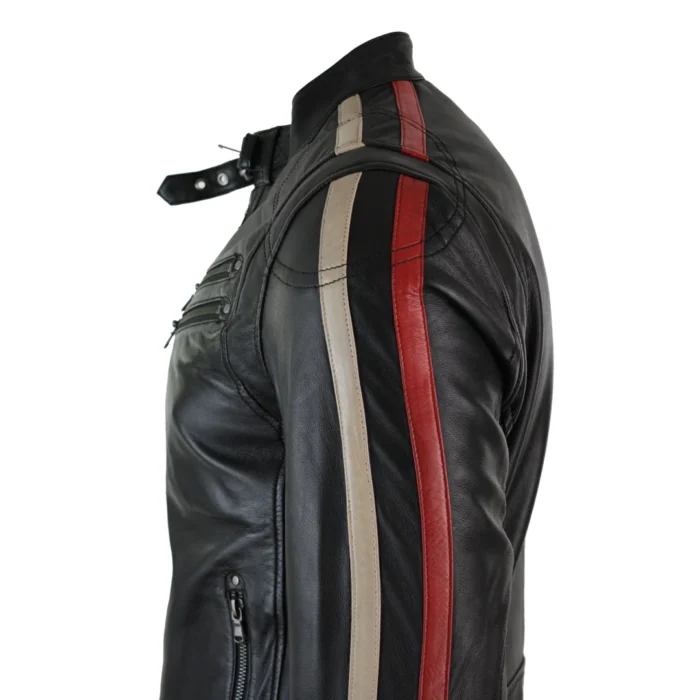 Mens Slim Fit Short Real Leather Biker Racing Jacket Stripes Sleeves Zipped - Image 4