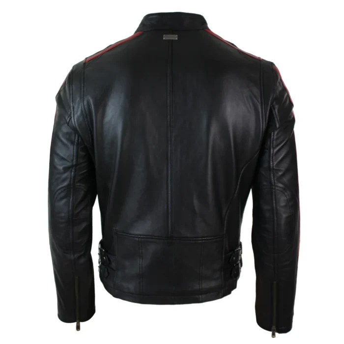 Mens Slim Fit Short Real Leather Biker Racing Jacket Stripes Sleeves Zipped - Image 3