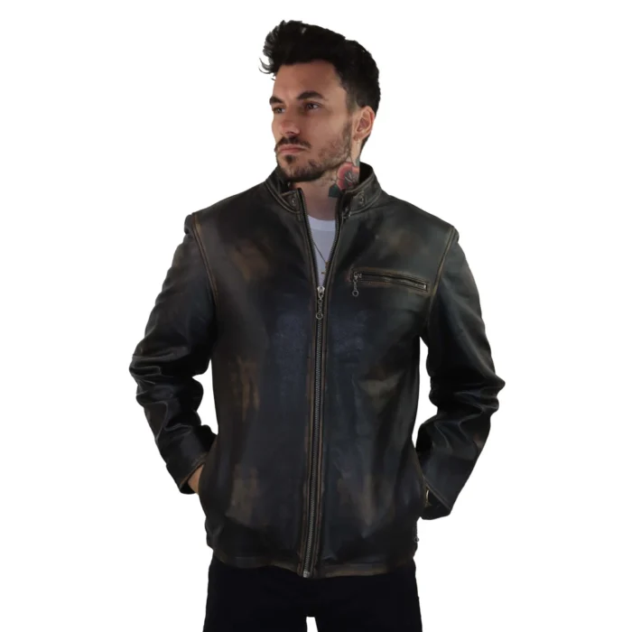 Mens Classic Nehru Real Leather Jacket Black Brown Vintage Zipped Classic - Image 3