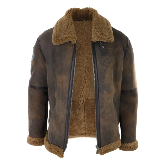 Mens Brown Distressed Real Sheepskin Flying Jacket Camel Fur Zipped Classic Winter - Image 2