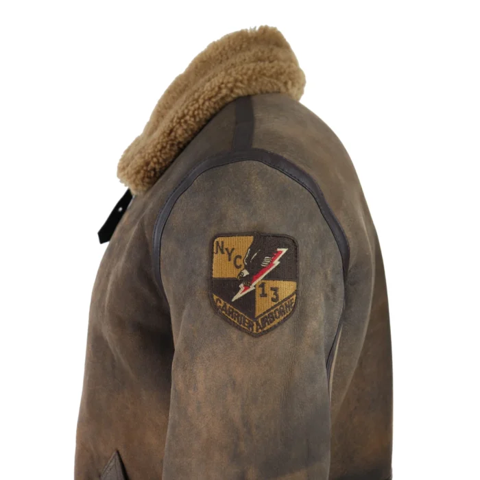 Mens Brown Distressed Real Sheepskin Flying Jacket Camel Fur Zipped Classic Winter - Image 4