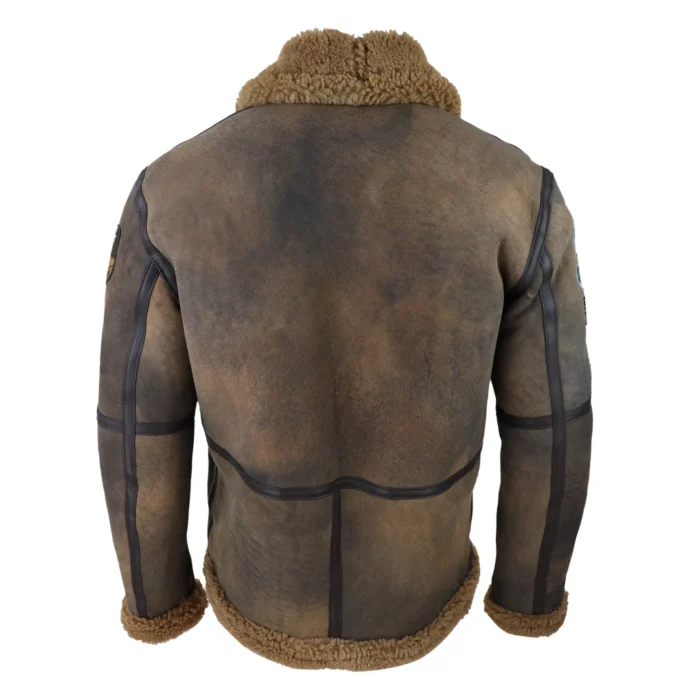 Mens Brown Distressed Real Sheepskin Flying Jacket Camel Fur Zipped Classic Winter - Image 3