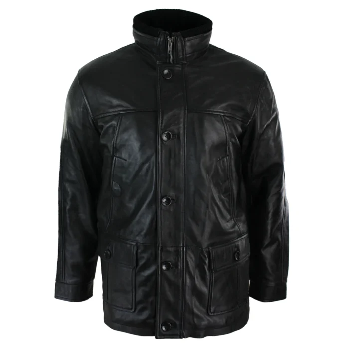 Mens Slim Fit Real Leather Safari Military Army Hunting Jacket Black Brown - Image 1