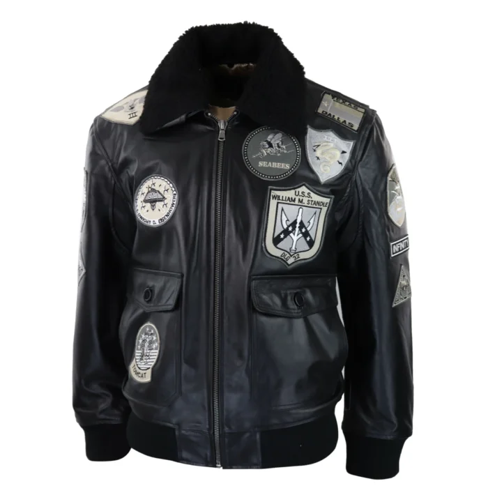 Mens Full Black Grey Topgun Maverick Jacket Pilot Bomber US Badges Black Fur Tom Cat - Image 2