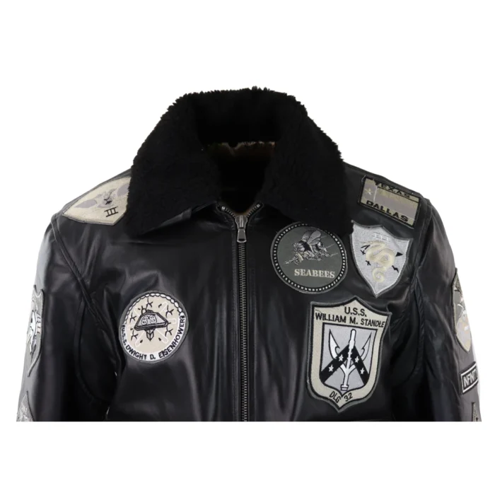 Mens Full Black Grey Topgun Maverick Jacket Pilot Bomber US Badges Black Fur Tom Cat - Image 7
