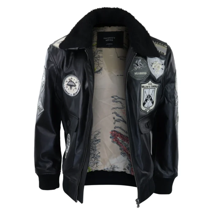 Mens Full Black Grey Topgun Maverick Jacket Pilot Bomber US Badges Black Fur Tom Cat - Image 6