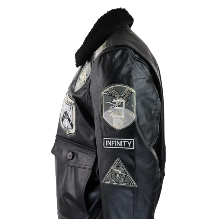 Mens Full Black Grey Topgun Maverick Jacket Pilot Bomber US Badges Black Fur Tom Cat - Image 5