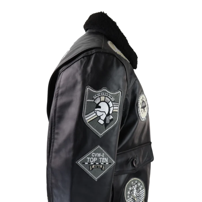 Mens Full Black Grey Topgun Maverick Jacket Pilot Bomber US Badges Black Fur Tom Cat - Image 4