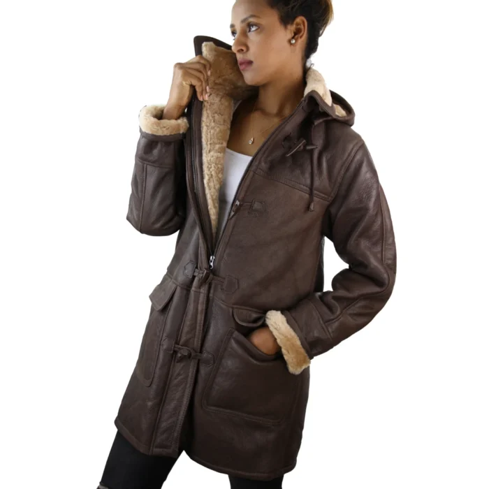 Ladies Real SHEEPSKIN Leather Coat Brown Beige FUR Womens Flying Jacket - Image 2