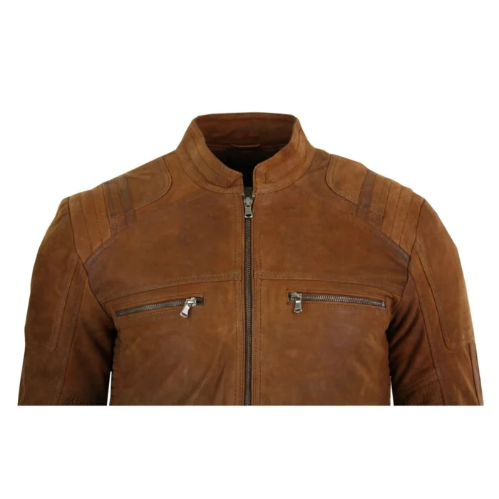 Mens Real Suede Leather Retro Vintage Camel Zip Biker Racing Jacket Washed Nehru Collar - Image 7