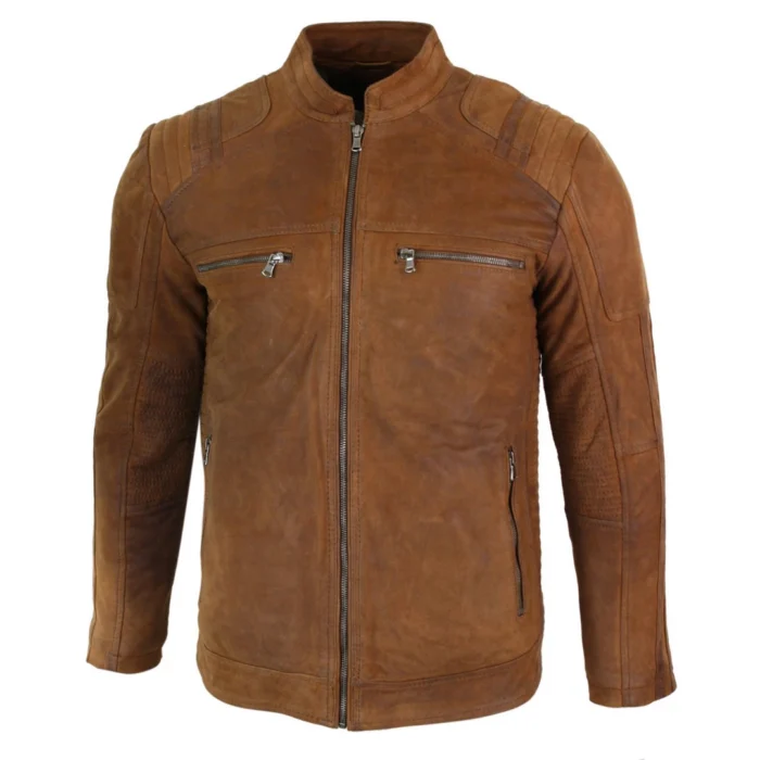 Mens Real Suede Leather Retro Vintage Camel Zip Biker Racing Jacket Washed Nehru Collar - Image 5