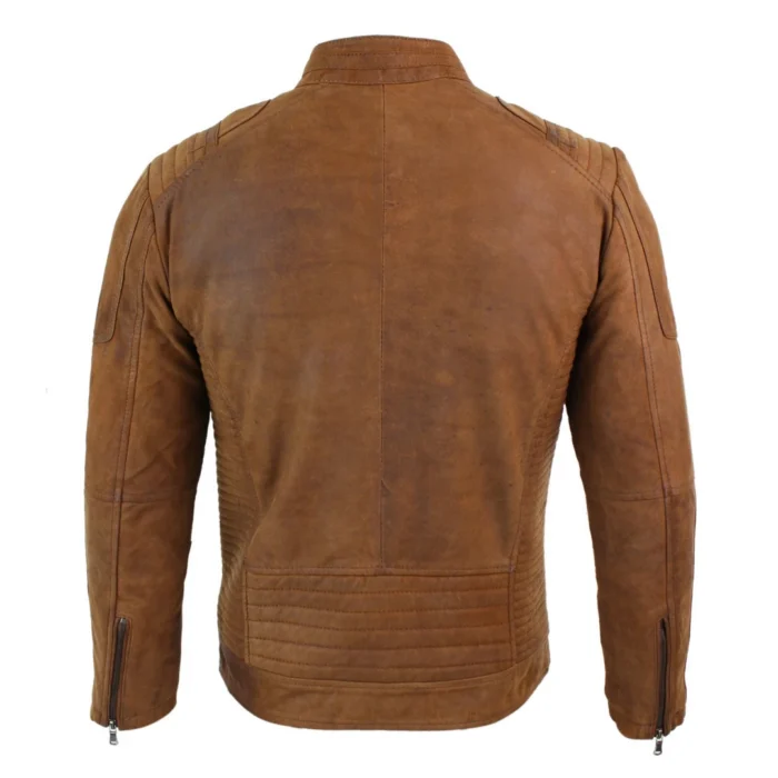 Mens Real Suede Leather Retro Vintage Camel Zip Biker Racing Jacket Washed Nehru Collar - Image 3