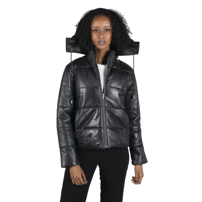 Womens Short Puffer Hood Jacket Real Leather Black Casual Retro 80s Classic - Image 1