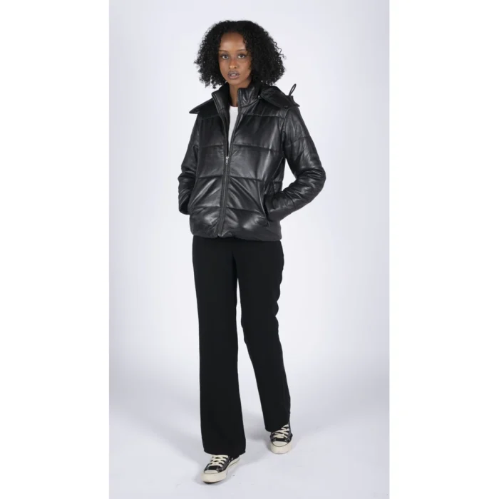 Womens Short Puffer Hood Jacket Real Leather Black Casual Retro 80s Classic - Image 2