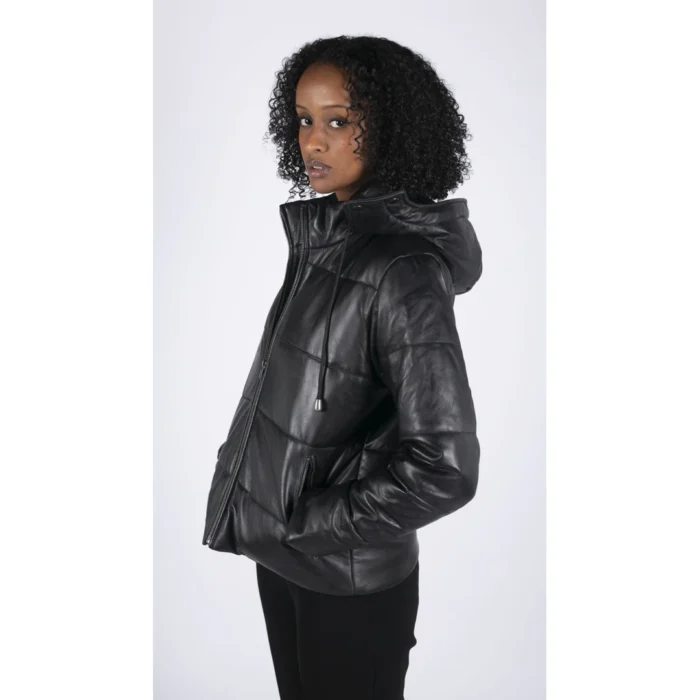 Womens Short Puffer Hood Jacket Real Leather Black Casual Retro 80s Classic - Image 4