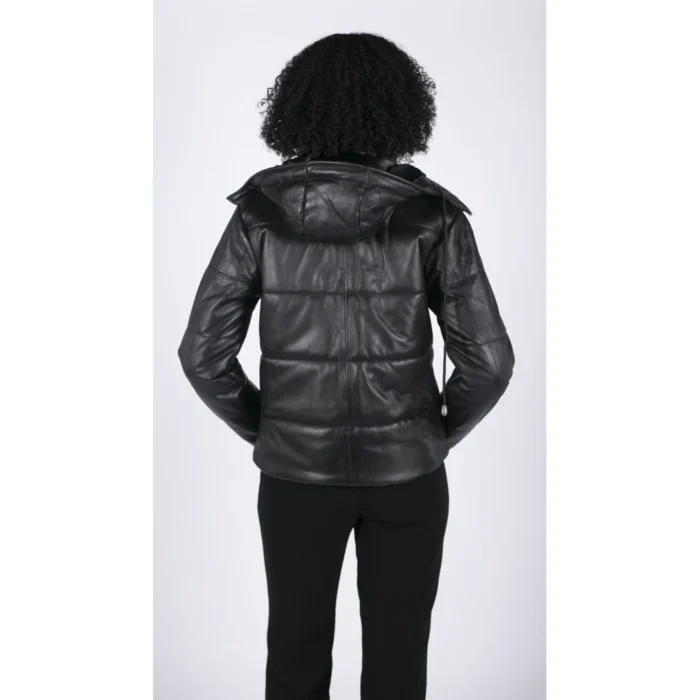 Womens Short Puffer Hood Jacket Real Leather Black Casual Retro 80s Classic - Image 6