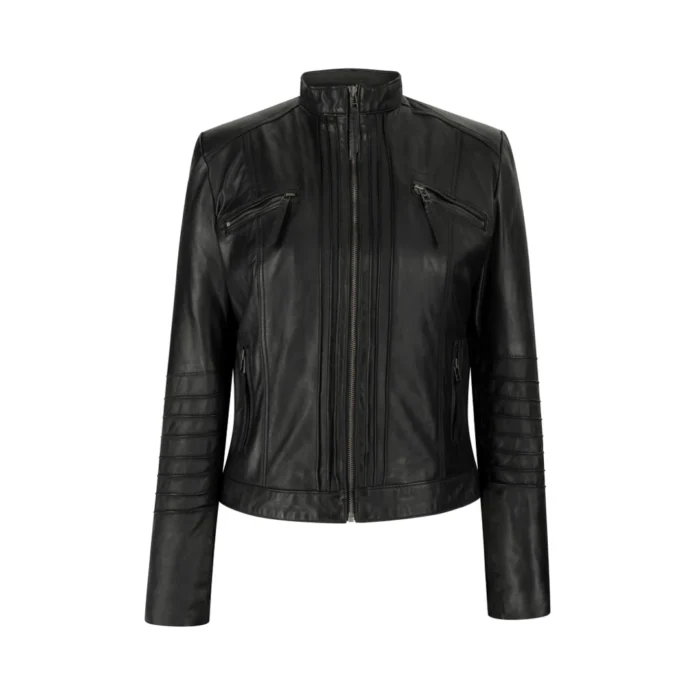 Ladies Biker Jacket Vintage Real Leather Zipped Fit Nehru Collar Japanese Style - Image 1