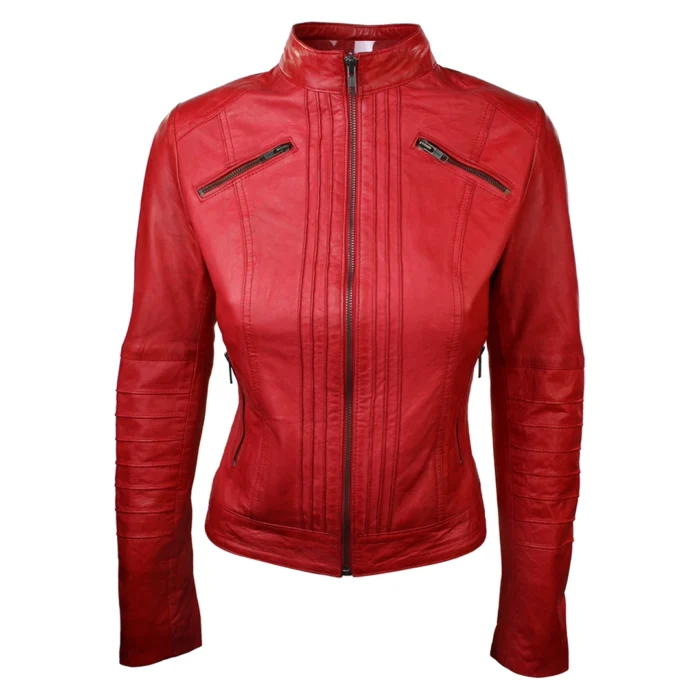 Ladies Biker Jacket Vintage Real Leather Zipped Fit Nehru Collar Japanese Style - Image 15