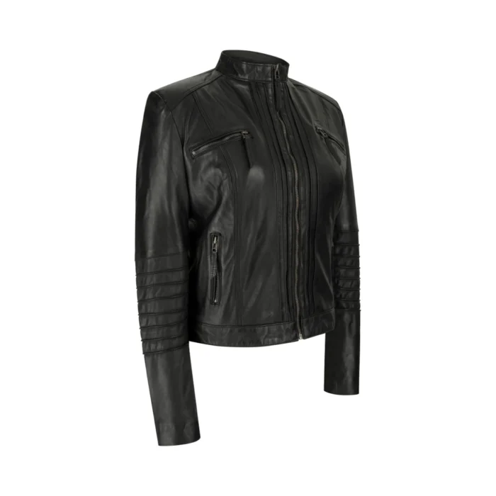 Ladies Biker Jacket Vintage Real Leather Zipped Fit Nehru Collar Japanese Style - Image 2