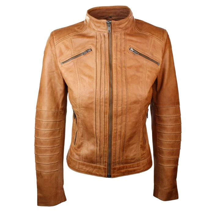 Ladies Biker Jacket Vintage Real Leather Zipped Fit Nehru Collar Japanese Style - Image 20