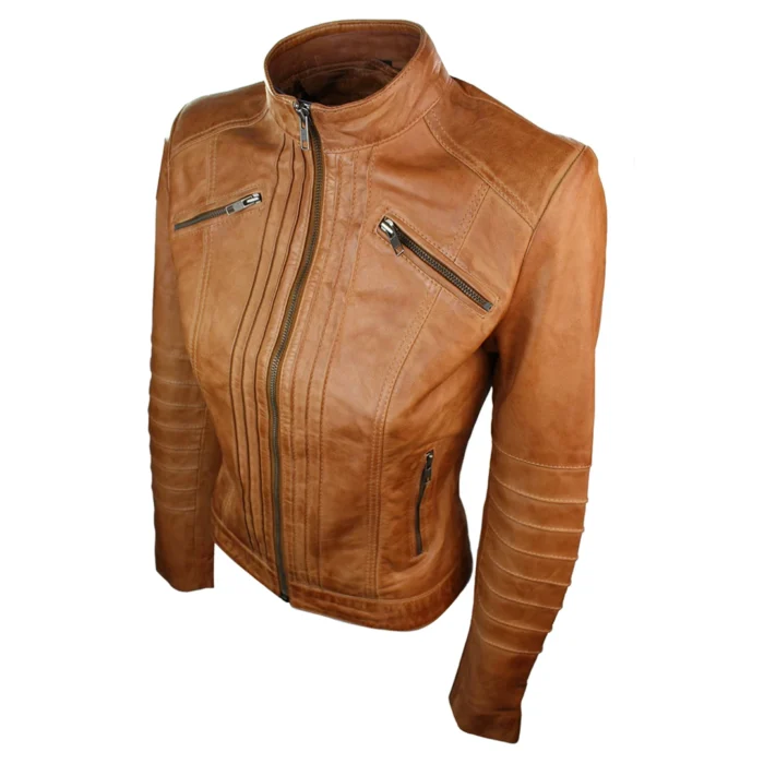 Ladies Biker Jacket Vintage Real Leather Zipped Fit Nehru Collar Japanese Style - Image 22