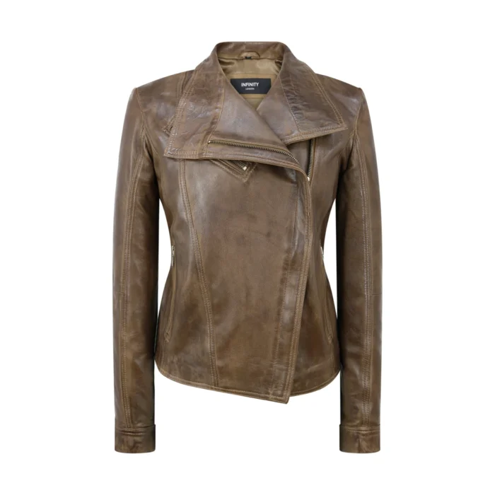 Womens Cross Zip Vintage Brown Biker Jacket retro Washed Soft Smart Casual - Image 1