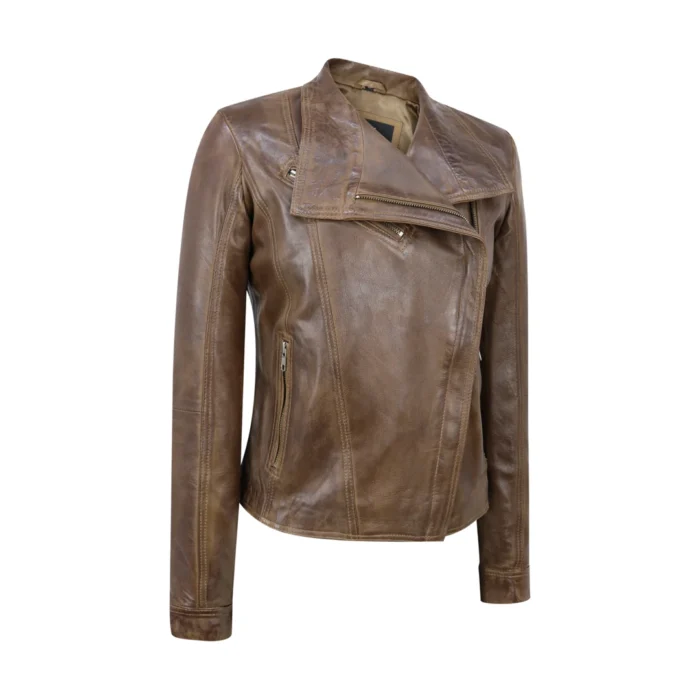 Womens Cross Zip Vintage Brown Biker Jacket retro Washed Soft Smart Casual - Image 2