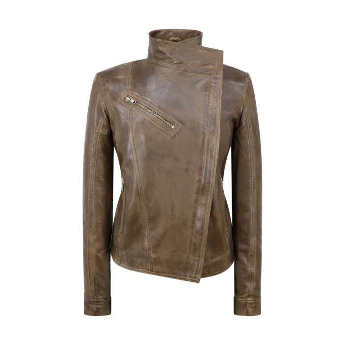 Womens Cross Zip Vintage Brown Biker Jacket retro Washed Soft Smart Casual - Image 6