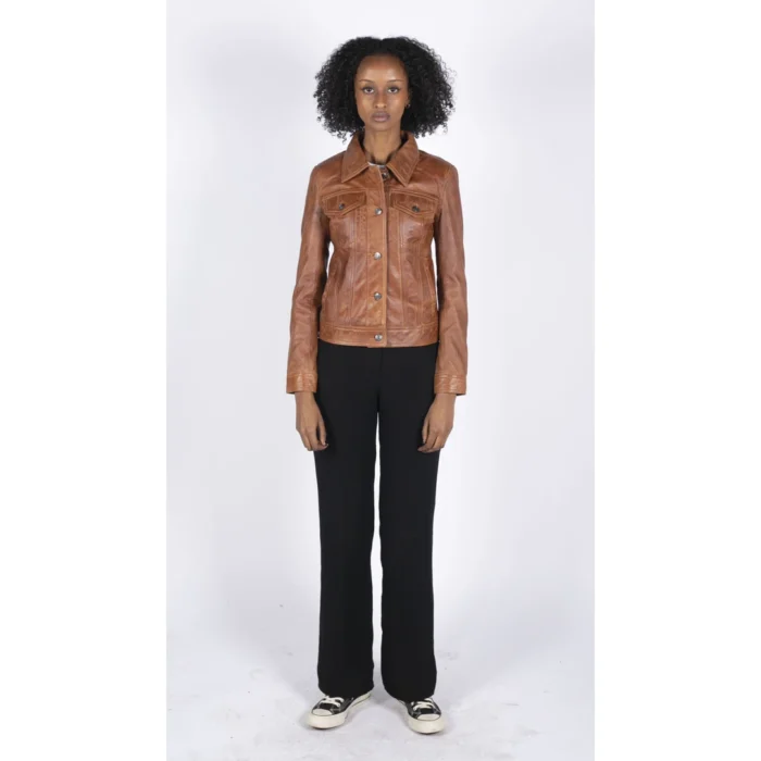 Womens Vintage Retro Jeans Jacket Style Real Leather Short Biker Grease 1980s Classic - Image 7