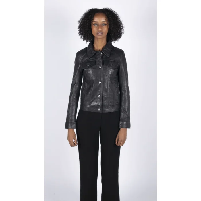 Womens Vintage Retro Jeans Jacket Style Real Leather Short Biker Grease 1980s Classic - Image 2