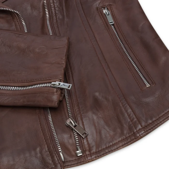 Womens Real Leather Biker Jacket Cross Zip Soft Slim Fit Brando Tan Brown Black Red Yellow - Image 11