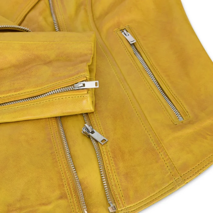 Womens Real Leather Biker Jacket Cross Zip Soft Slim Fit Brando Tan Brown Black Red Yellow - Image 31