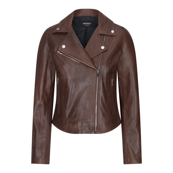 Womens Real Leather Biker Jacket Cross Zip Soft Slim Fit Brando Tan Brown Black Red Yellow - Image 9