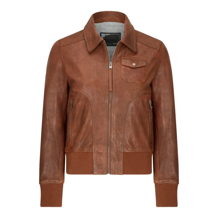 Womens Real Leather Bomber Jacket Short Zipped Retro Brown Tan Black Blue Grey - Image 16