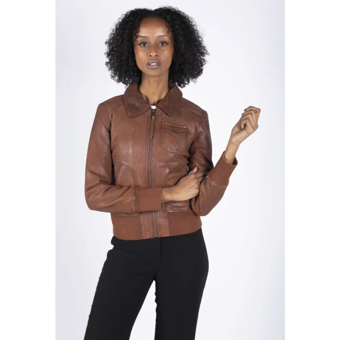 Womens Real Leather Bomber Jacket Short Zipped Retro Brown Tan Black Blue Grey - Image 20