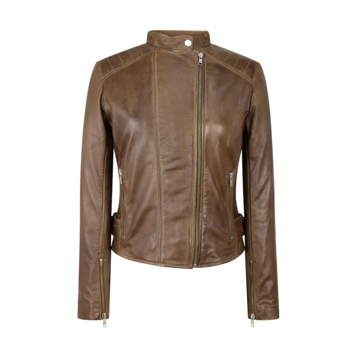 Ladies Real Leather Jacket Cross Zip Brando Nehru Collarless Soft Slim Fit - Image 6