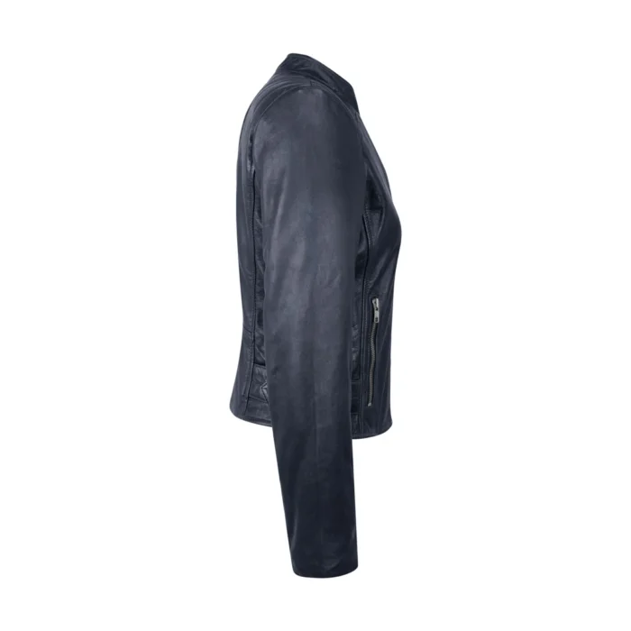 Ladies Real Leather Jacket Cross Zip Brando Nehru Collarless Soft Slim Fit - Image 3