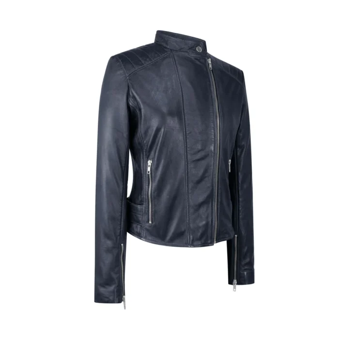 Ladies Real Leather Jacket Cross Zip Brando Nehru Collarless Soft Slim Fit - Image 2