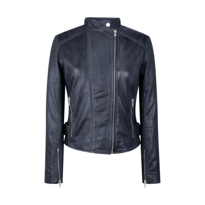 Ladies Real Leather Jacket Cross Zip Brando Nehru Collarless Soft Slim Fit - Image 1