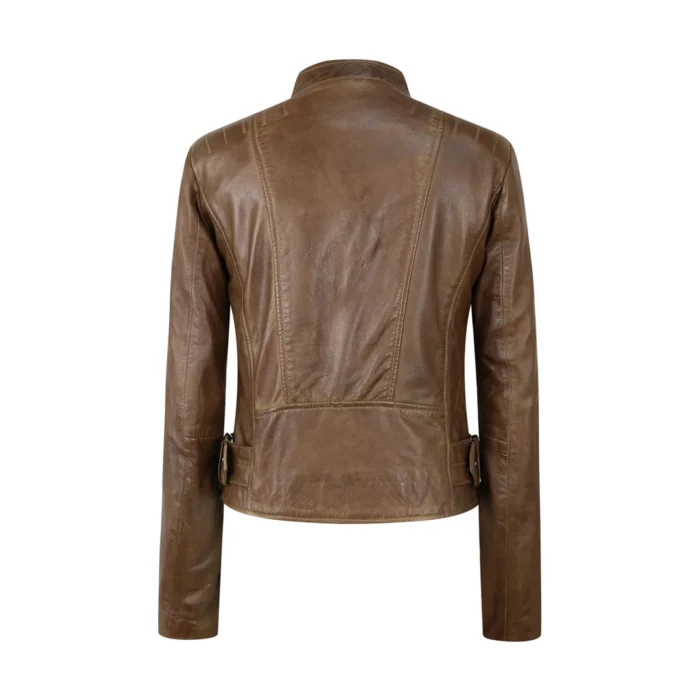 Ladies Real Leather Jacket Cross Zip Brando Nehru Collarless Soft Slim Fit - Image 10
