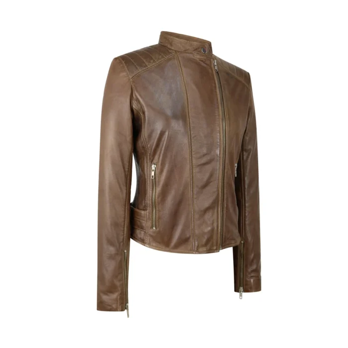 Ladies Real Leather Jacket Cross Zip Brando Nehru Collarless Soft Slim Fit - Image 8