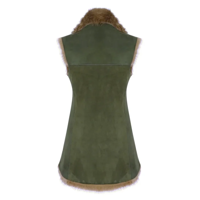 Ladies Women Real Spanish Shearling Sheepskin Toscana Olive Long Waistcoat Gilet - Image 7