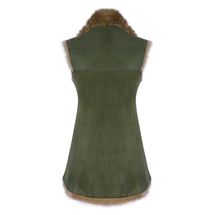 Ladies Women Real Spanish Shearling Sheepskin Toscana Olive Long Waistcoat Gilet - Image 6