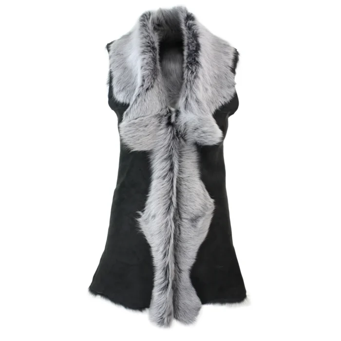 Ladies Women Real Spanish Toscana Shearling Sheepskin Black Grey Leather Waistcoat Gilet - Image 1