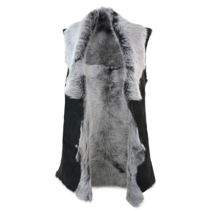 Ladies Women Real Spanish Toscana Shearling Sheepskin Black Grey Leather Waistcoat Gilet - Image 3