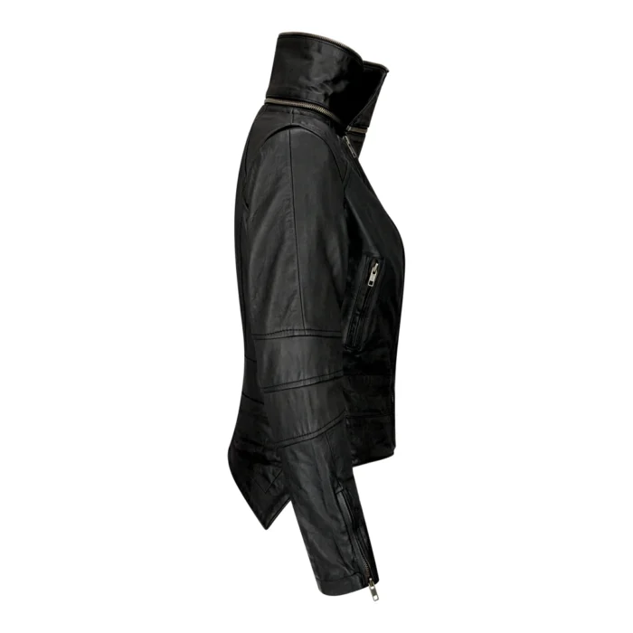 Womens Ladies Girls Soft Black Real Leather Racing Biker Style Jacket - Image 2