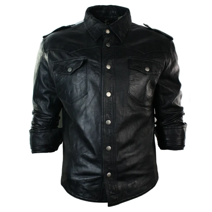Mens Real Leather Shirt Jacket Tan Brown Black Slim Fit Casual Retro Vintage - Image 1