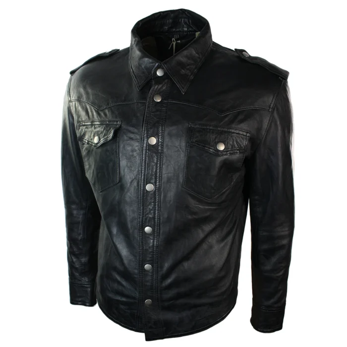 Mens Real Leather Shirt Jacket Tan Brown Black Slim Fit Casual Retro Vintage - Image 2