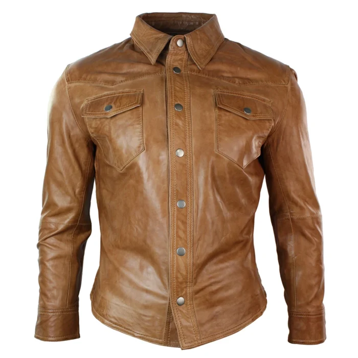 Mens Real Leather Shirt Jacket Tan Brown Black Slim Fit Casual Retro Vintage - Image 4